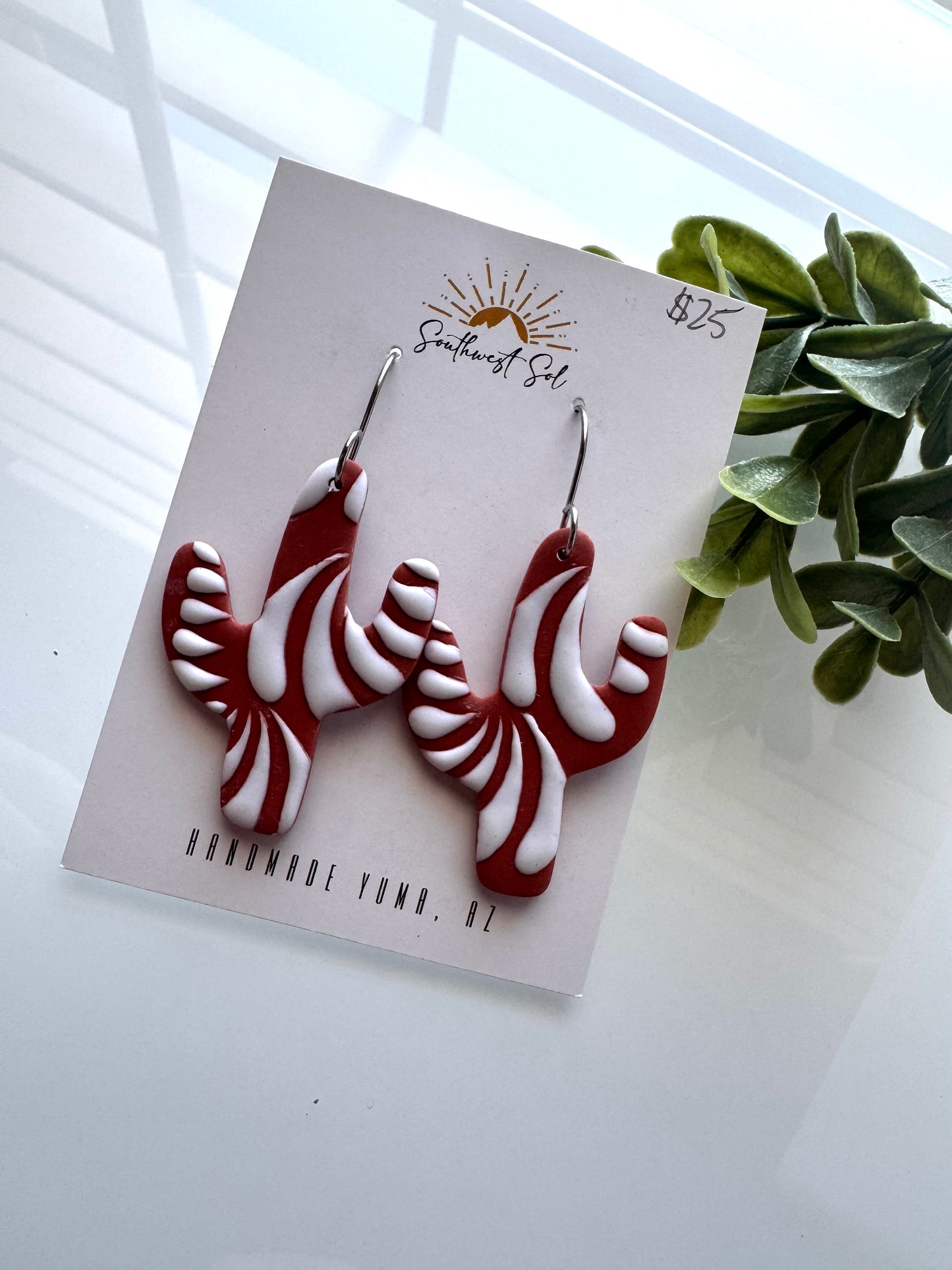 Hand Painted Talavera Tile Cactus Dangles - Terracotta/White