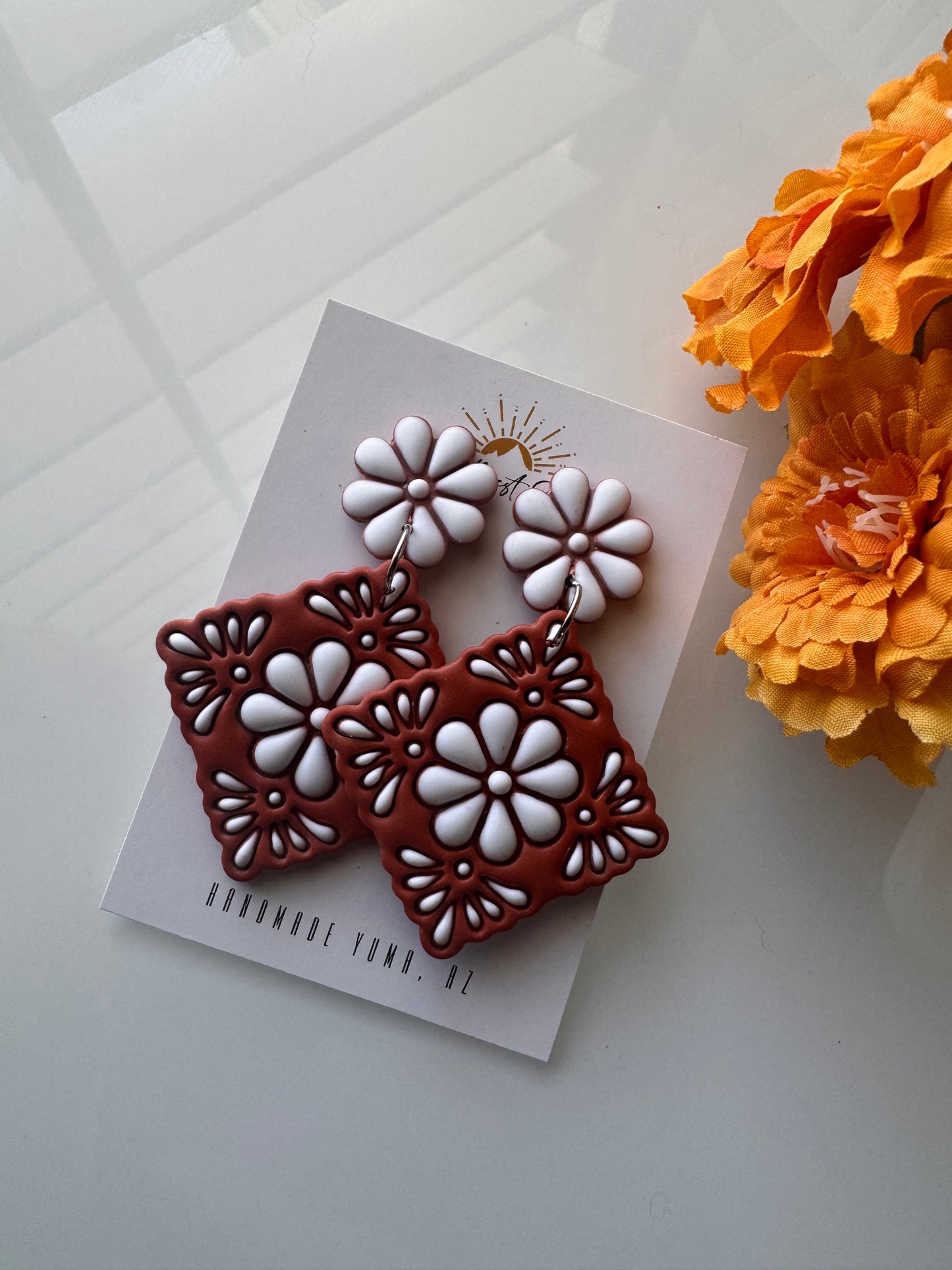 Talavera Tile Stud or Dangle - Terracotta and White