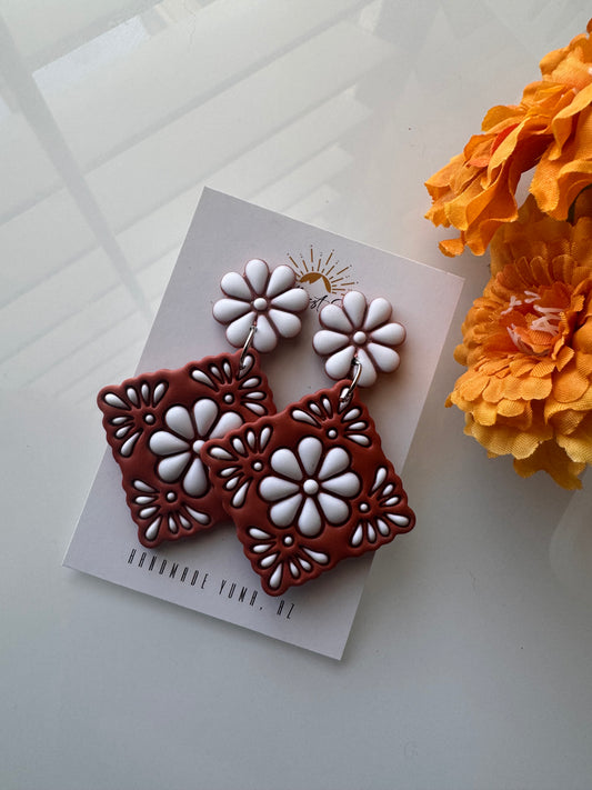 Talavera Tile Stud or Dangle - Terracotta and White