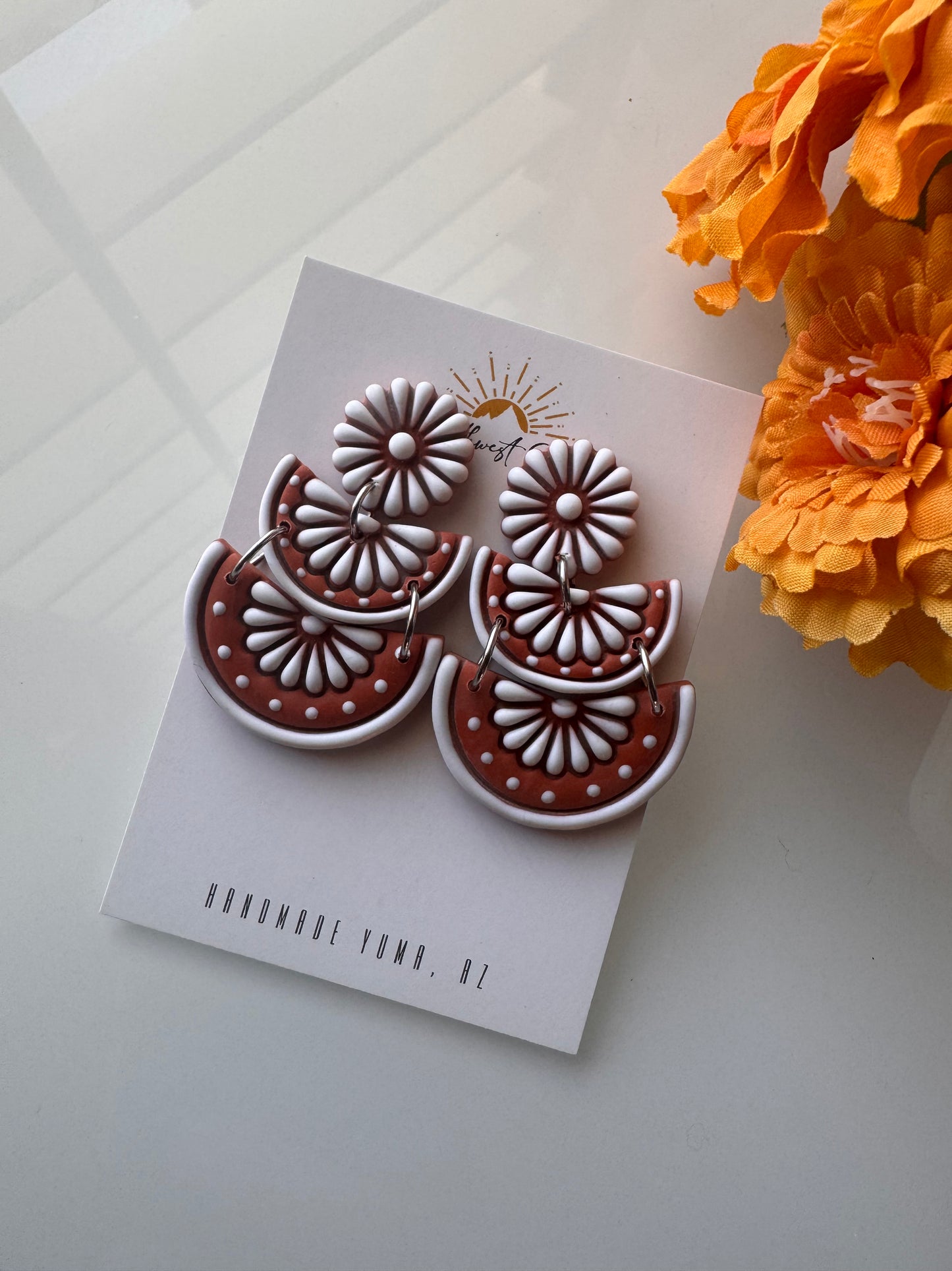 Talavera Tile Stud or Dangle - Terracotta and White